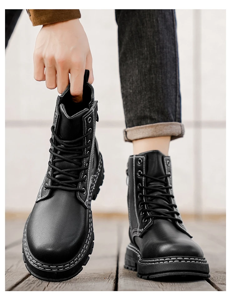 Herren Allround-Chunky-Plateaustiefel, Langlebige Leder-Streetwear-Arbeitsschuhe – Detail 7
