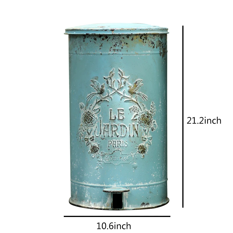 Retro Metal Round Trash Can 17 L Vintage Iron Trash Bin with Pedal Outdoor Waste Basket Creative Garden Decoration Antique