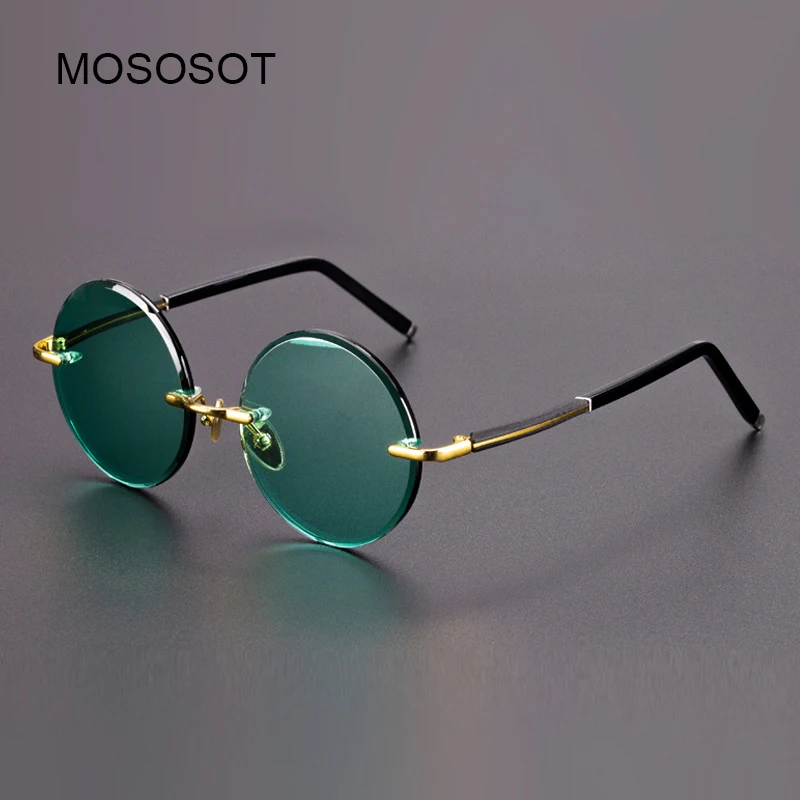 

Round Sunglasses Man Green Rimless Glass Crystal Stone Sun Glasses Natural Mineral Lens Women Titanium Frame Top Quality