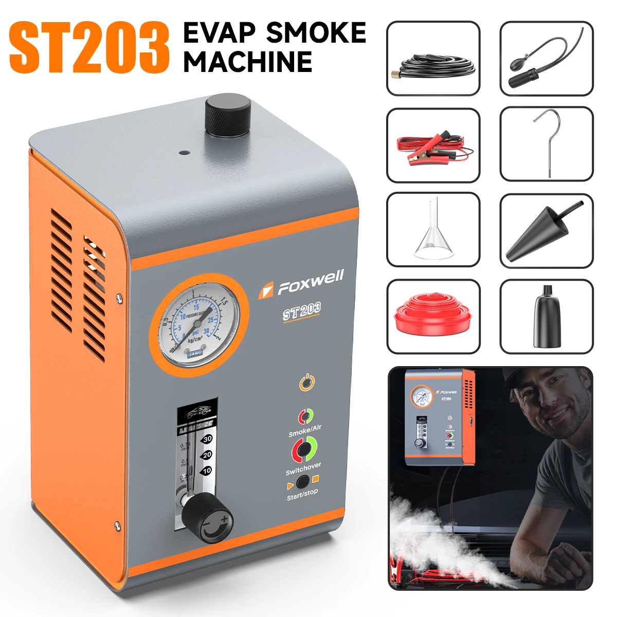 

Smoke Machine Automotive Leak Detector FOXWELL ST203 with Built-in Air Pump Pipe Leak Locator Smog Gas Leakage Analyzer Detector