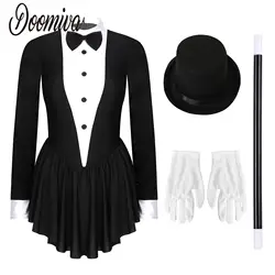 Women's Tuxedo Bodysuit Leotard Figure Ice Skating Dress Long Sleeve Modern Ballet Dancewear with Hat Circus Ringmaster Costumes