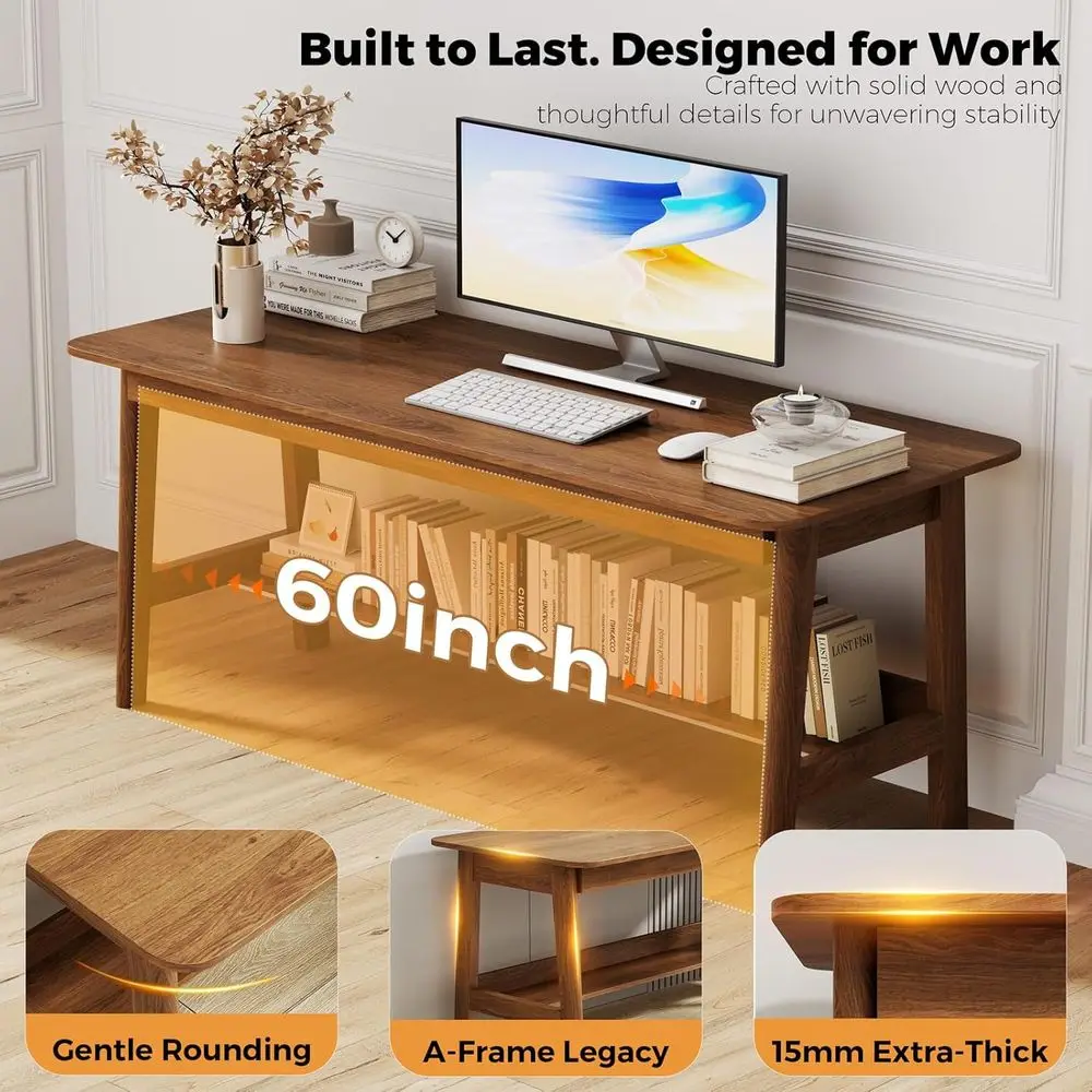 Walnut 2-Person Solid Wood Desk for Home Office, Century Modern Computer Workstation, Study Table