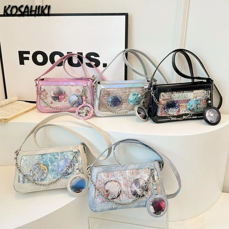 Korean Y2k Aesthetic Transparent Crossbody Bag Streetwear Fashion Chain Casual Handbags All Match Ins Simple Shoulder Bags Women