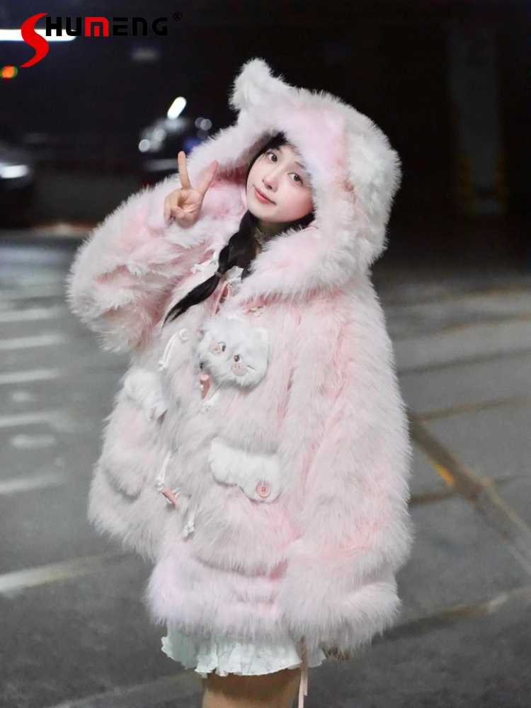 

Оригинальный японский стиль Kawaii розовая плюшевая хлопковая куртка милый милый кот с капюшоном свободный повседневный свитшот топы для женщин осень 2025