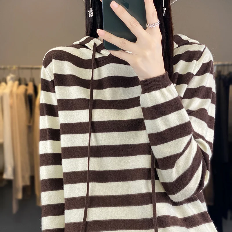 2023 New Striped cashmere hoodie Sweater Women  Knit Tops Hoodies Casual Women Long Sleeves hoodie Pullover