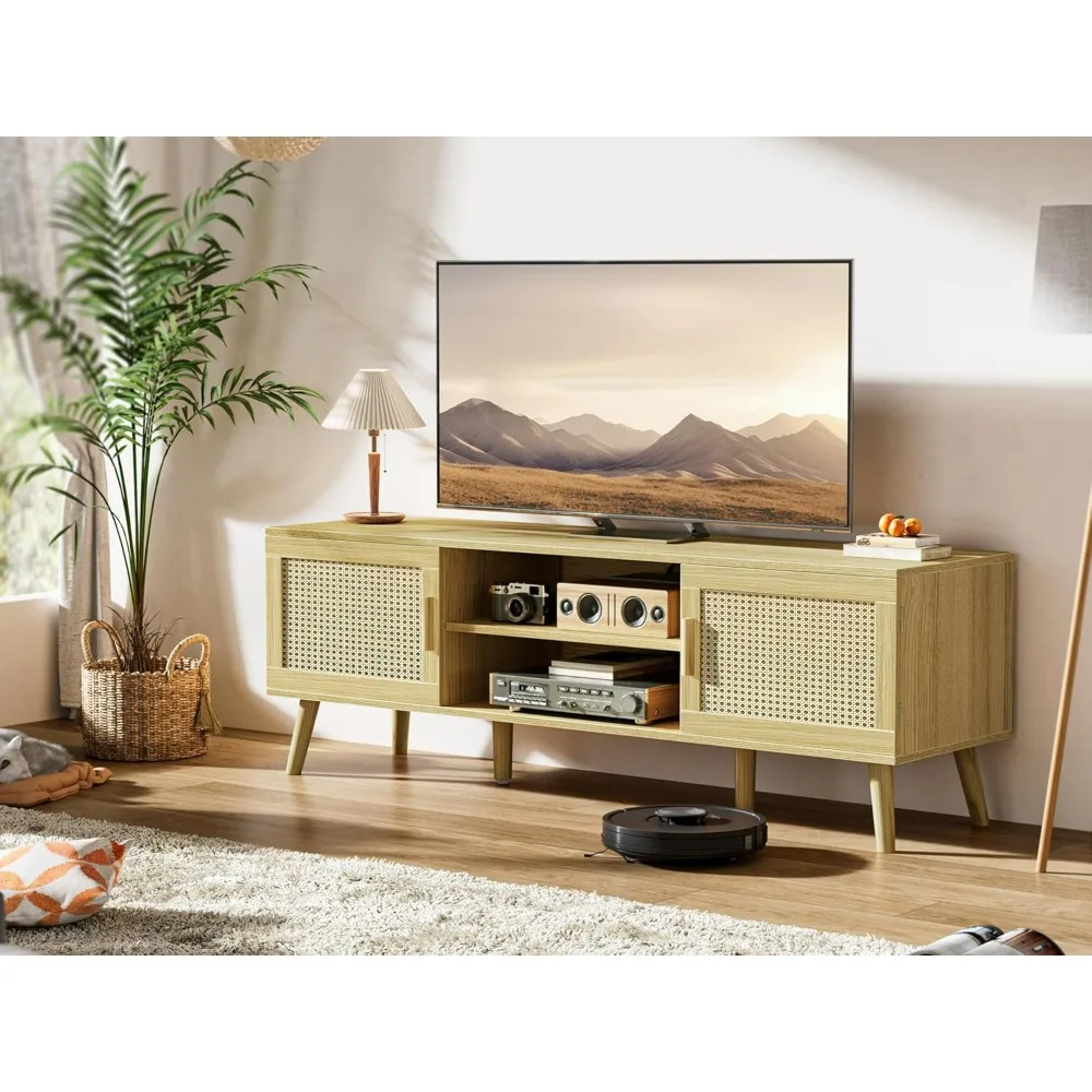 

TV Stand, Adjustable Shelf, Rattan TV Console with Cabinets, Media Console, Solid Wood Feet, Cord Holes, for Living Room