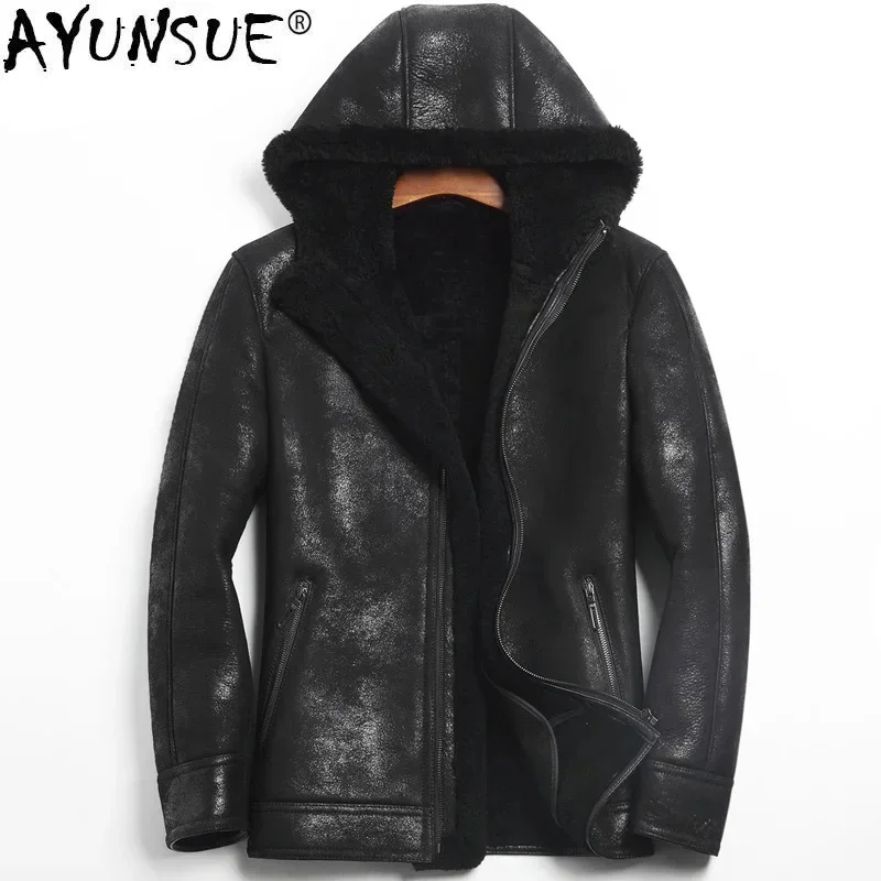 AYUNSUE Genuine Leather Jacket Men Hooded Winter Real Wool Fur Coat Sheepskin Shearling 755KJ1135