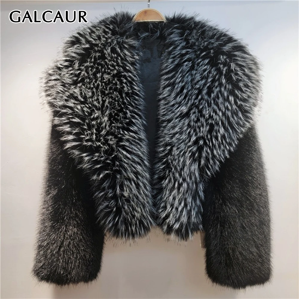 

GALCAUR Solid Spliced Folds Streetwear Jacket Female V Neck Long Sleeve Loose Imitation Fur Women's Jackets Autumn Fashion New