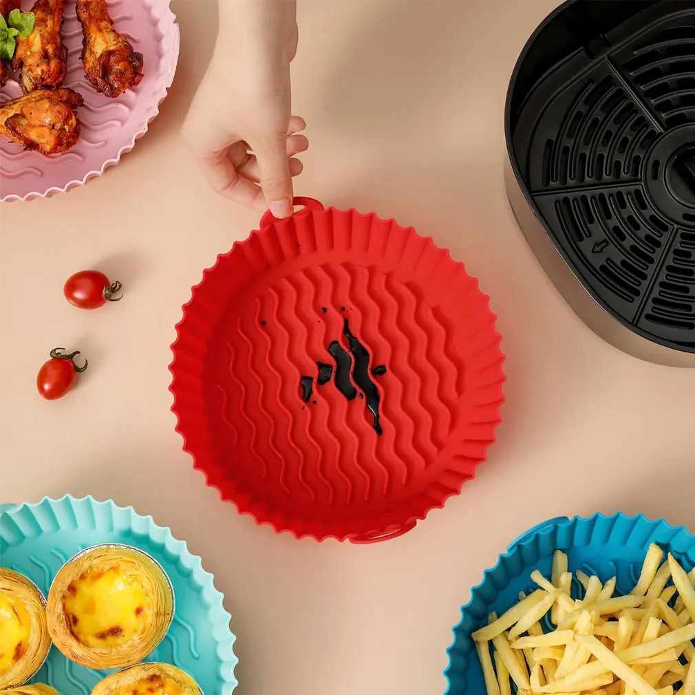 Fritadeiras de ar reutilizáveis forno bandeja de cozimento frango frito cesta esteira airfryer silicone pote redondo replacemen grill pan acessórios
