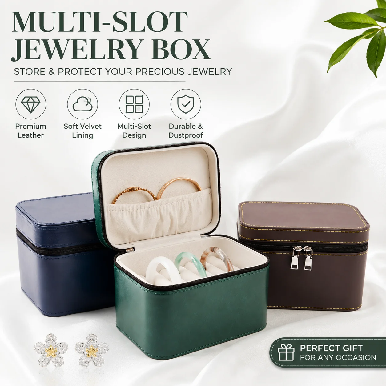 Multi-Slot Leather Jewelry Box, Ring Handbag Display Case for Bracelets & Necklace, Soft Velvet Lining, Dustproof Storage