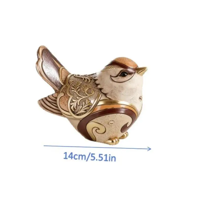 Retro Golden Carved Bird Sculpture Resin Sparrow Figurine Vintage Floral Pattern Desktop Ornament Home Table Decor Gift