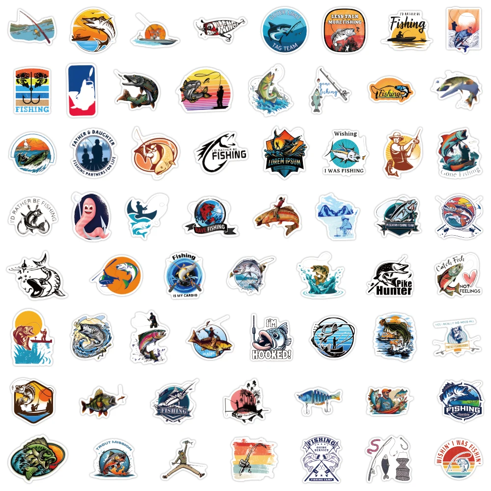 60pcs/Pack Fishing Stickers Waterproof Skateboard Motorcycle Guitar Luggage Laptop Bicycle Sticker Kids Toys