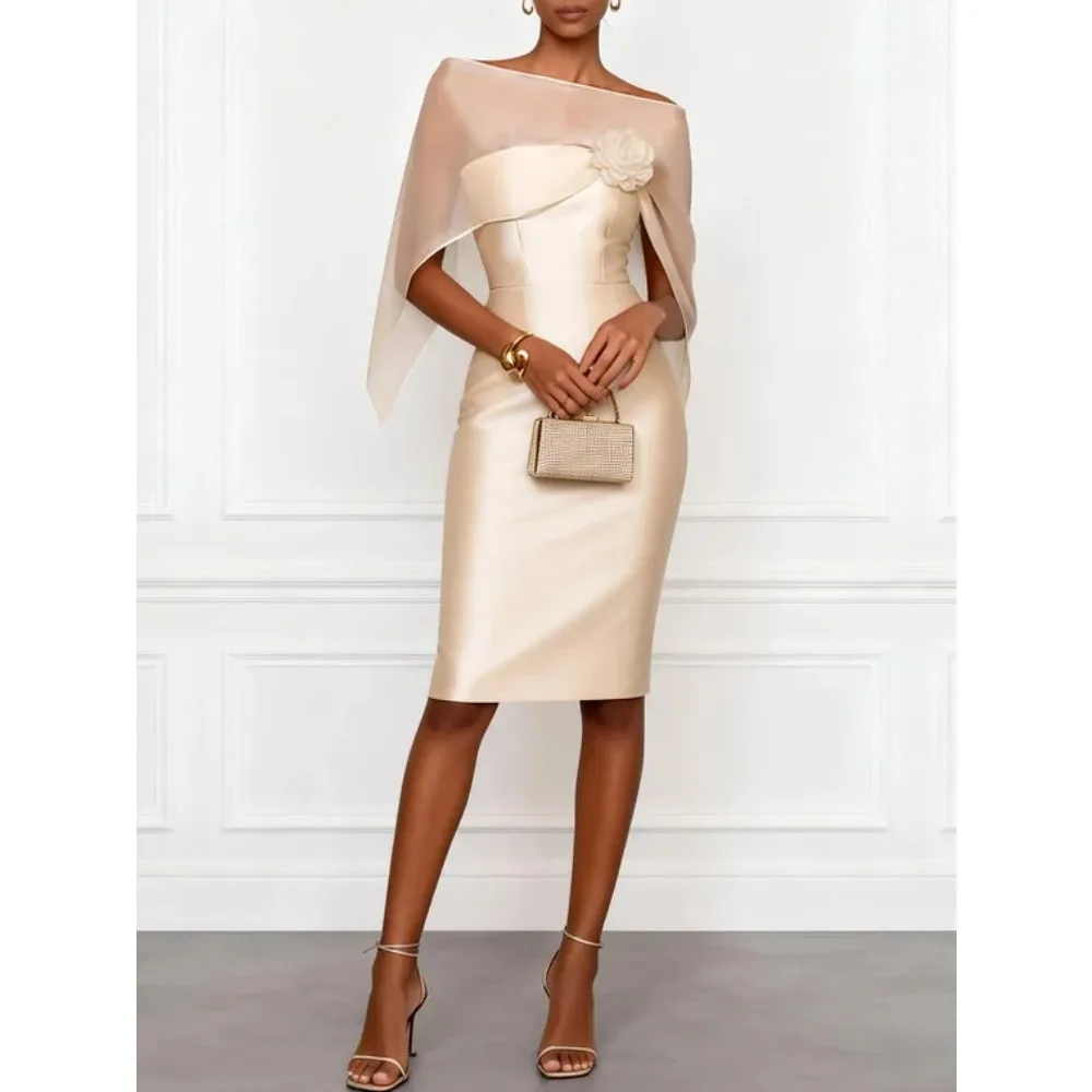 Customized 3D Floral Satin Mother of Birde Dresses 2026 for Women Wedding Champagne Evening Dress Column Prom Party Gowns Midi