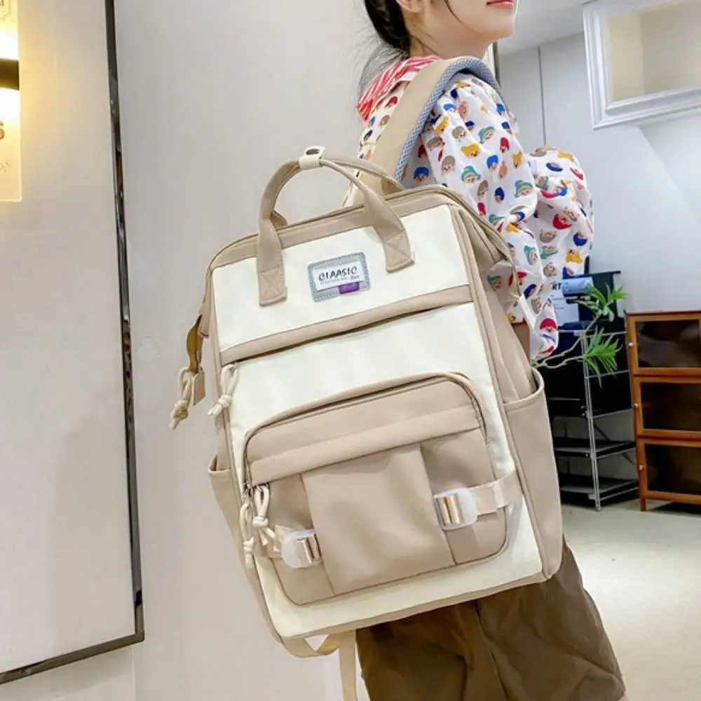 

Регулируемый рюкзак большой емкости в корейском стиле контрастного цвета, повседневный нейлоновый рюкзак с защитой от брызг воды, мягкая женская школьная сумка для мужчин