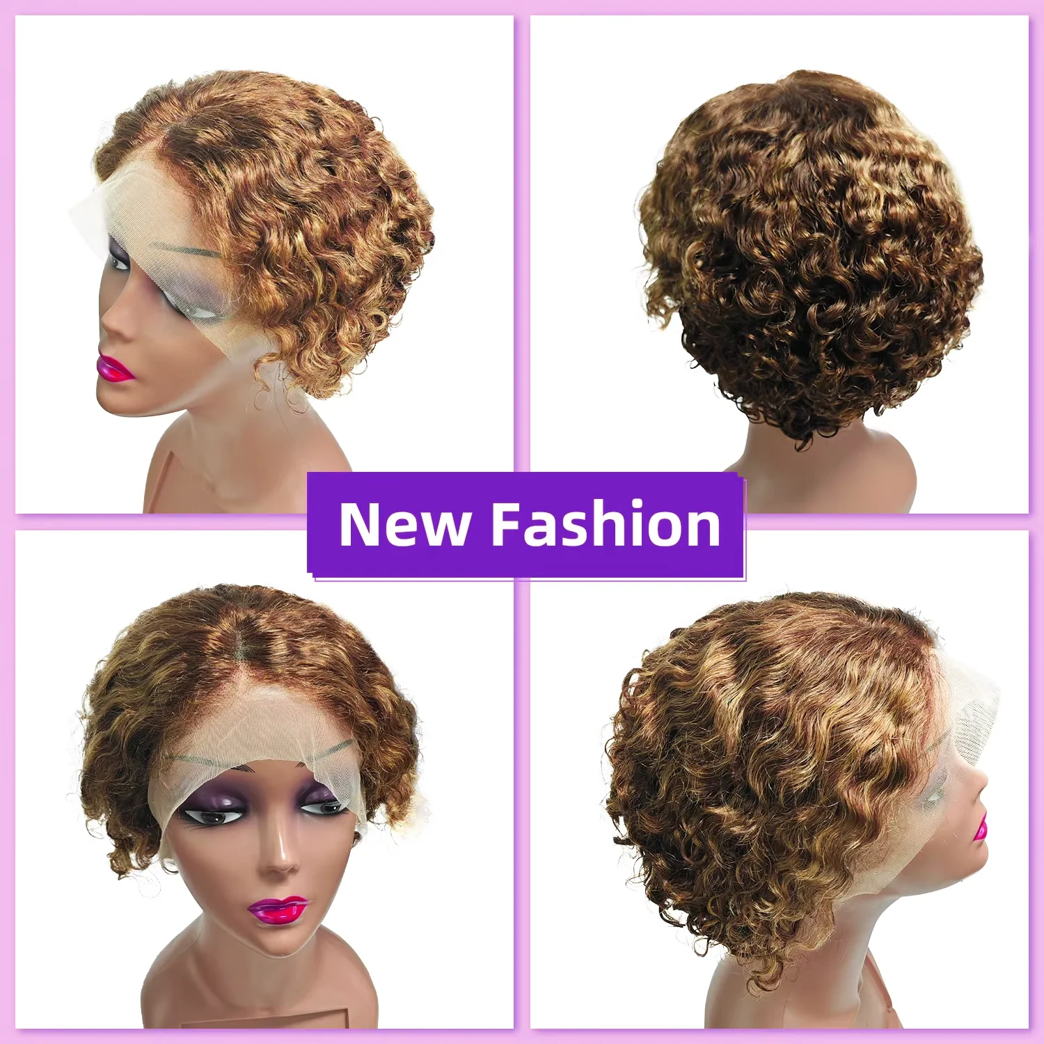 P427 Highlight Ombre Brown 13x1 Lace Front Pixie Cut Wigs 100% Human Hair Pre-Plucked Hairline Brazilian Virgin Hair Remy Hair - Image 4