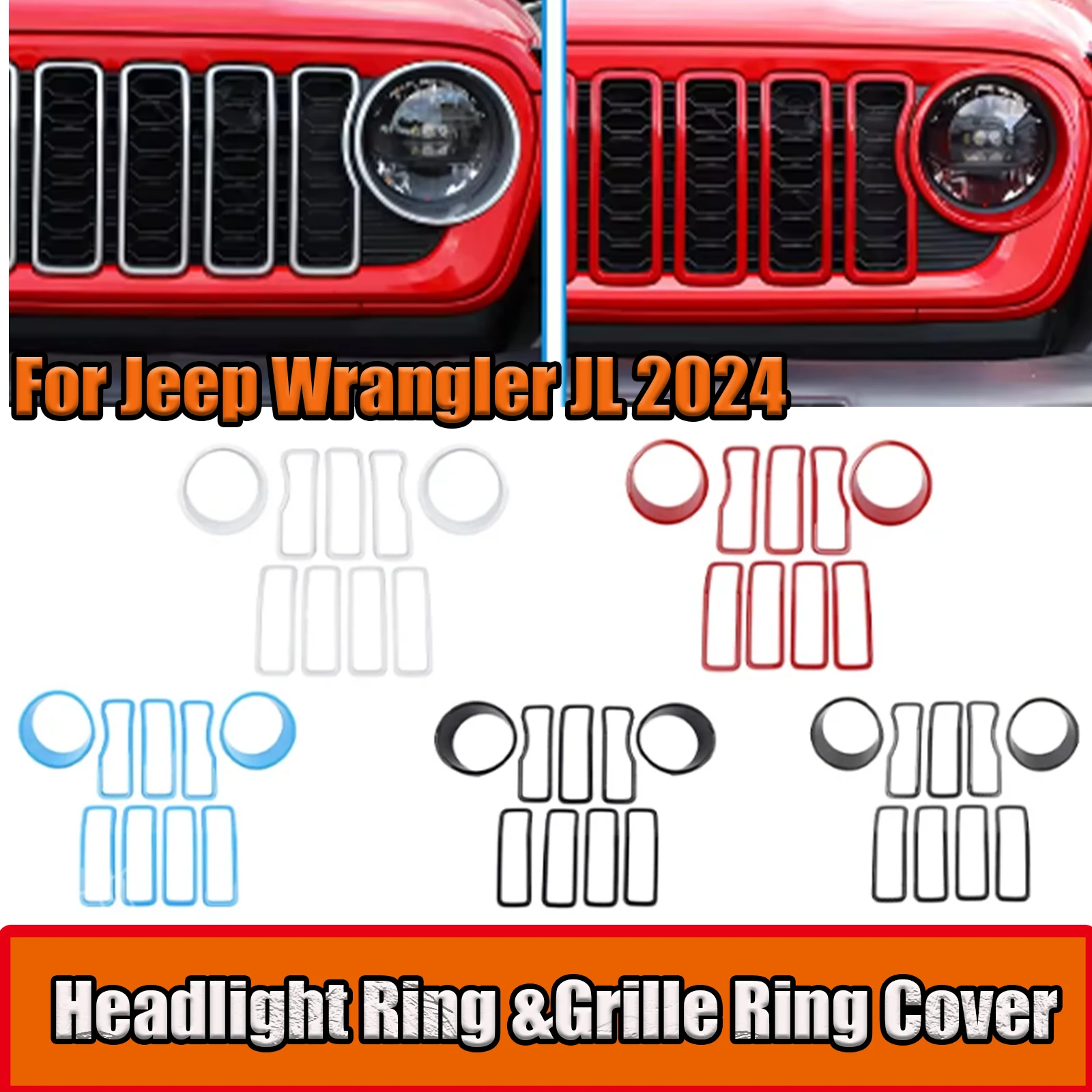 9PCS Car Accessories Headlight Ring &Grille Ring Cover Decorative For Jeep Wrangler JL 2024 Front Grill Inserts Cover Trim blue