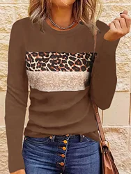 Women Fashion Leopard Printed T-Shirts Basic Casual O Neck Full Long Sleeve Tee Shirts Ladies Chic Knitted Tops