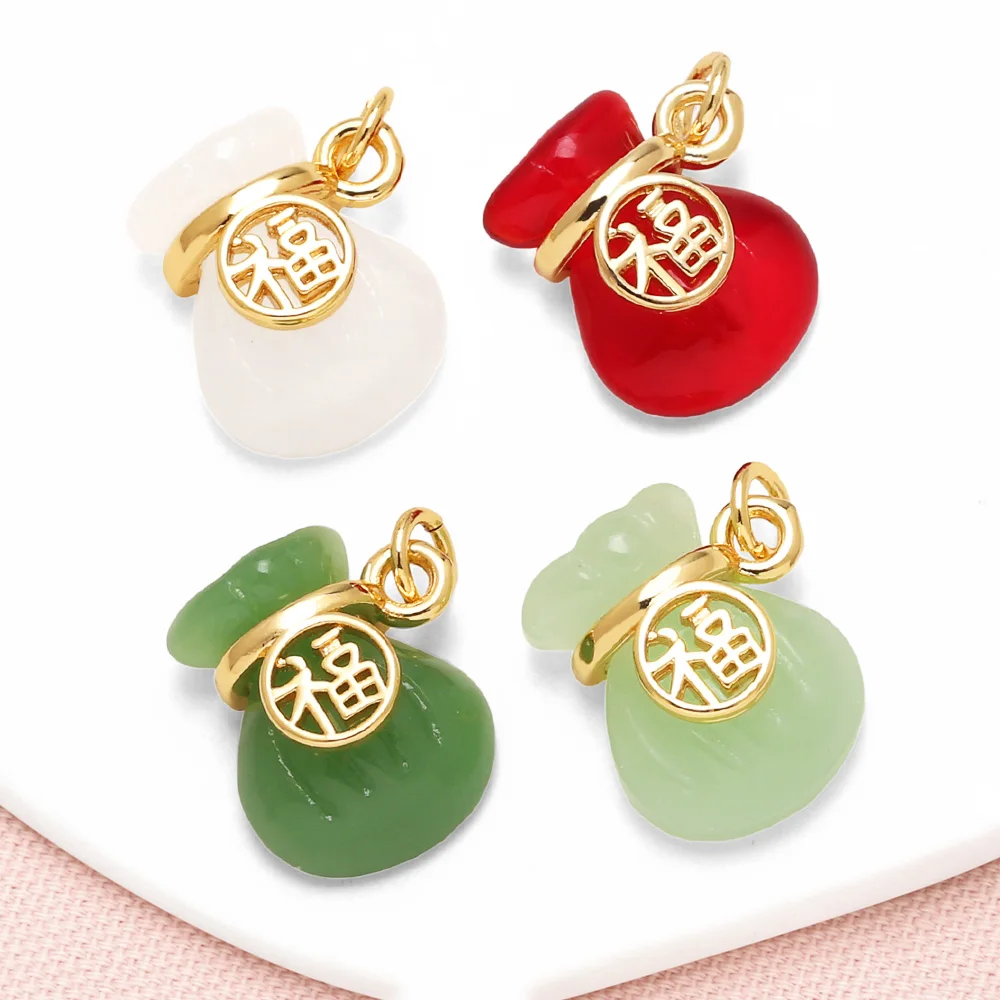 OCESRIO Multicolor Glass Money Bag Charms For Bracelet Copper Gold Plated Chinese Fu Handmade Keychain Purse Charm Chma448