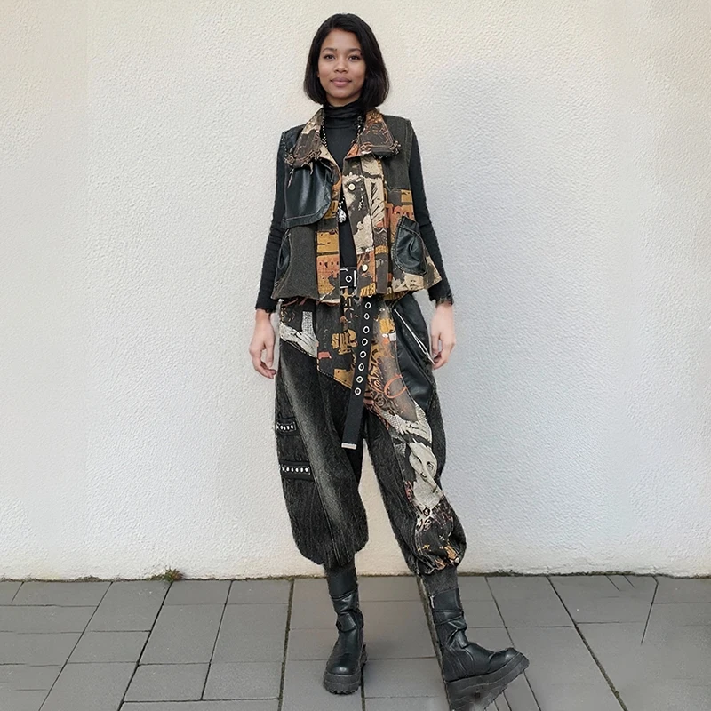 

WTHT Vintage Fashion Women Do Old Print Splice Denim Lapel Denim Vest Elastic Waist Loose Harem Pants Female 2025 Summer 1LS2217
