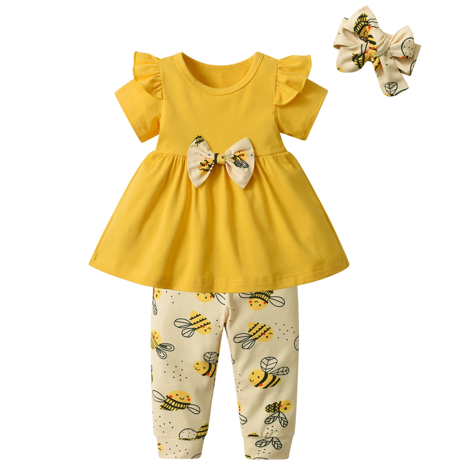 0-2Years Toddler Baby Girl Cute Bee Pattern Clothes Set Summer Short Sleeve T-shirt with Bow and Long Pants Headband 3pcs Outfit