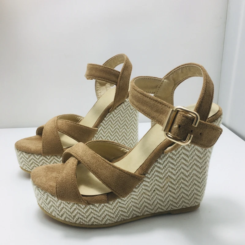 REAVE CAT 2021 Summer Slingbacks  Open Toe Stretch Fabric Buckle Cross Strap 12.5cm Wedge Sandal With Platform Size 30-48 Hemp