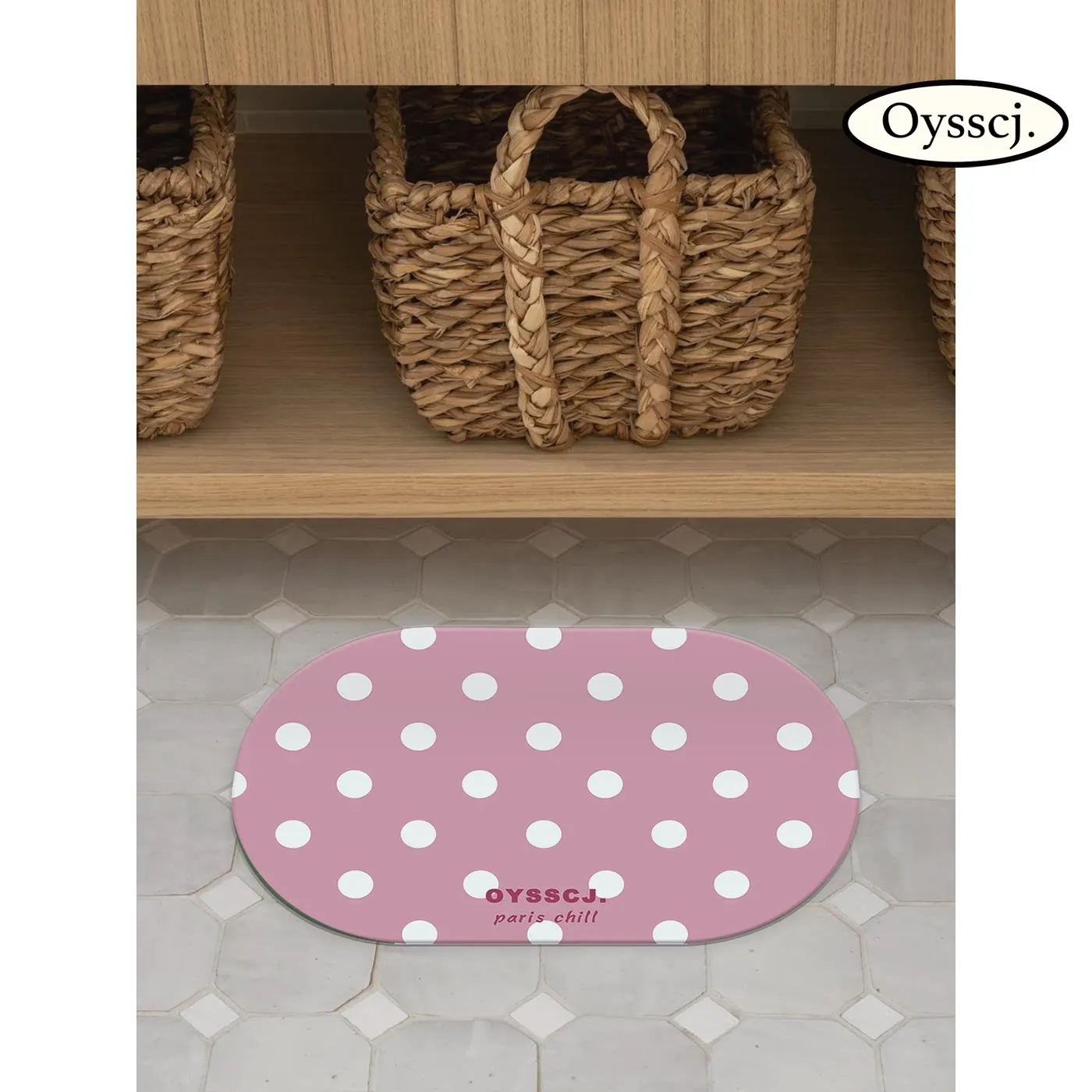 VIKAMA Light Green Polka Dot Oval Bath Mat Non Slip Washable Absorbent Floor Rug Minimalist Neutral Bedroom Bathroom Decor