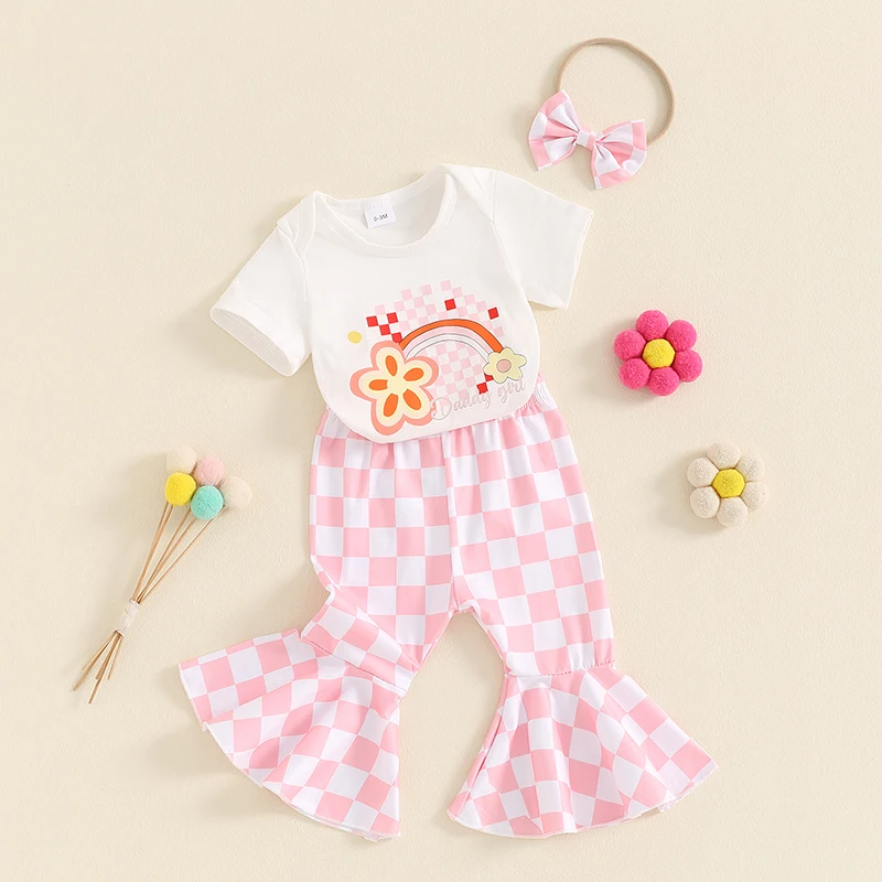 

Baby Girls Summer Outfit Floral Rainbow Print Short Sleeves Romper and Plaid Flare Pants Headband 3Pcs Clothes Set 0-18M