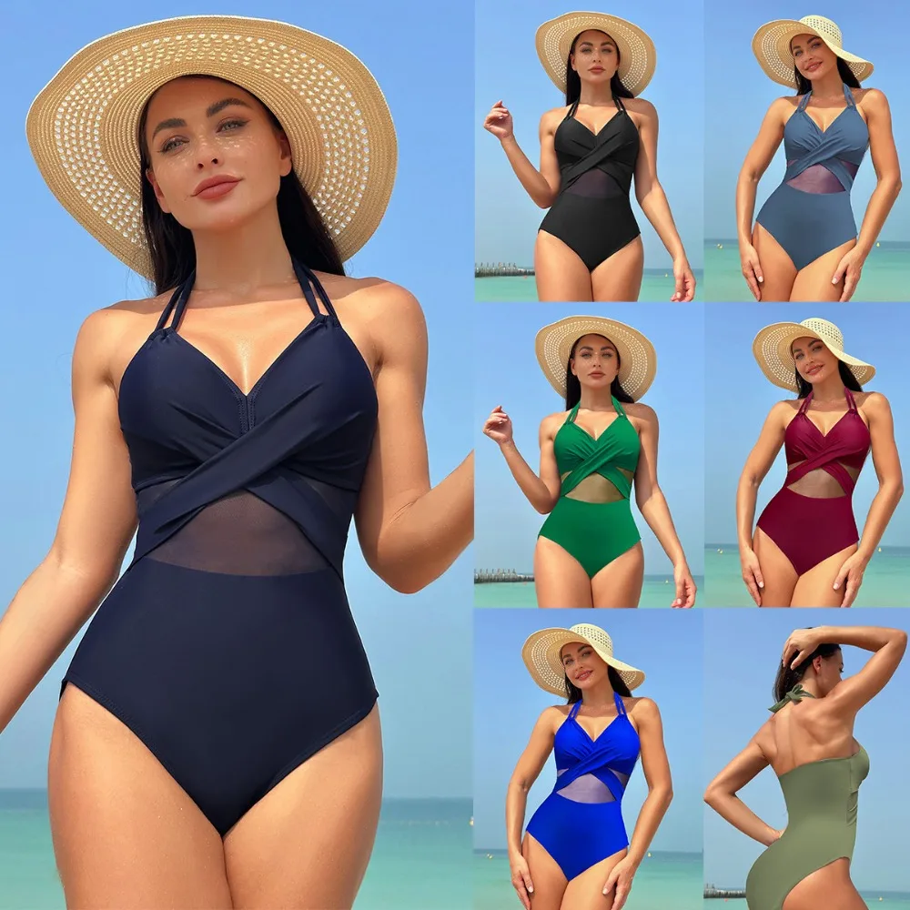 

Sexy Woman Swimsuit New Padded Bra One-piece Swimwear Mesh High Waist Swimming Suit Woman Beach Wear