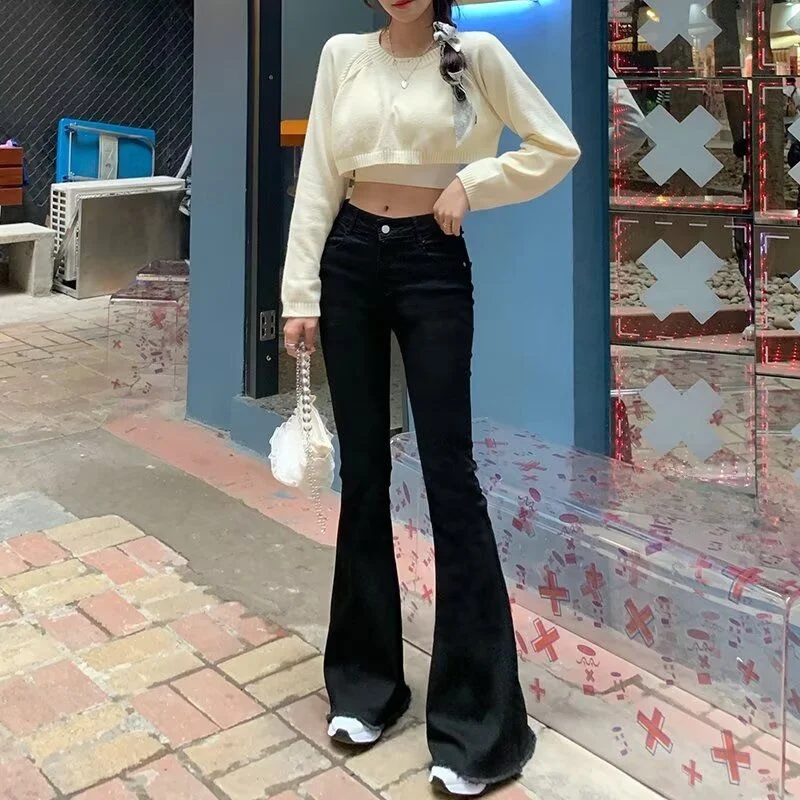 

High Waist Flared Jeans Women's Autumn Winter Thin Fce Long Pants Slimming Elastic Ankle azing Wide Leg Denim Skinnies