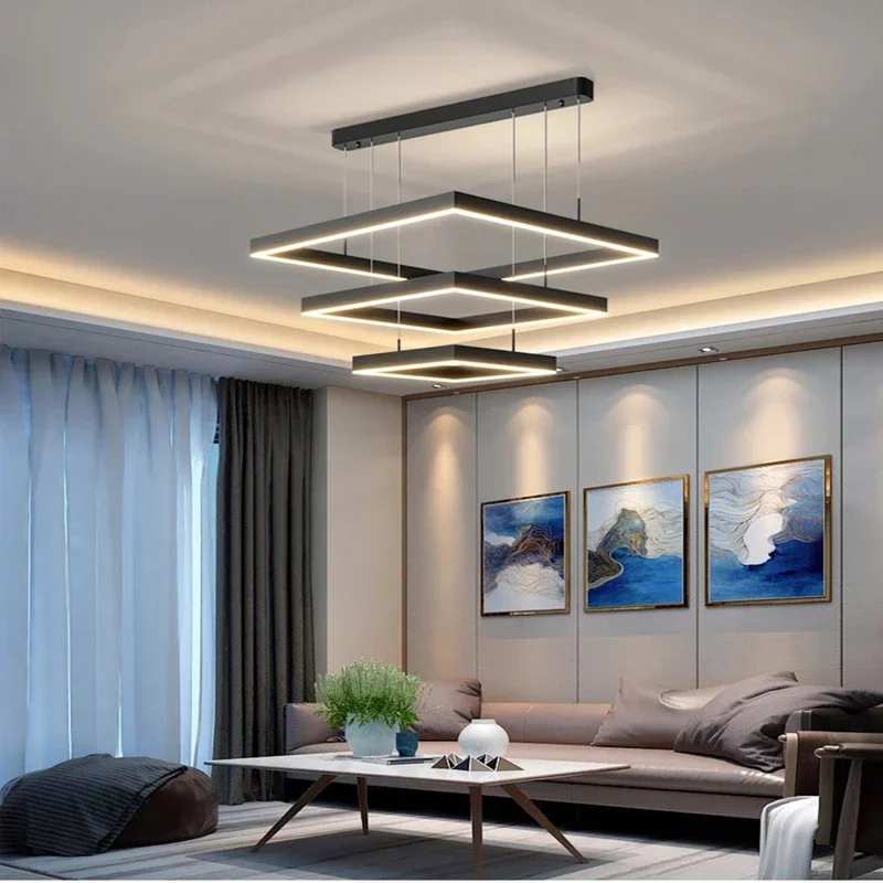 

2025 New Modern Minimalist Led Living Room Chandelier Black Square Design Used For Lighting Restaurant Bedroom Lights