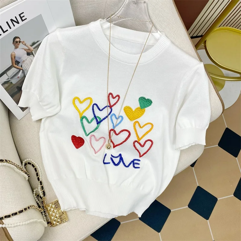 Summer Love Embroidery Knit Sweater Pullover For Women 2022 Fashion Stylish Ladies Top Knitwear Short Sleeve O-neck Woman Tees