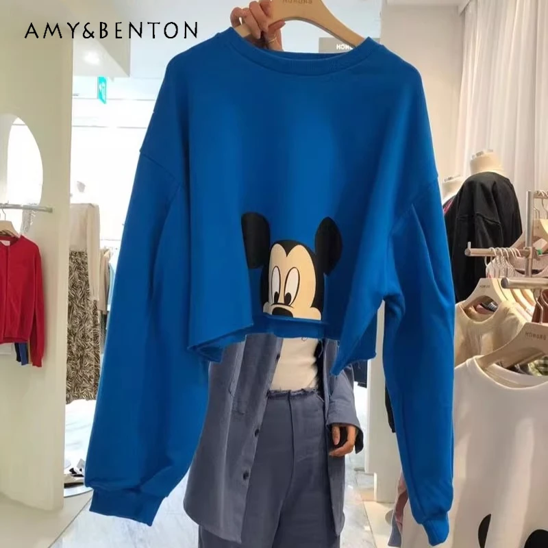 

2025 New Korean Style Short Sweatshirt For Women's High Waist Versatile Cartoon Print Loose Casual Top Ins Hoodies Jacket Female