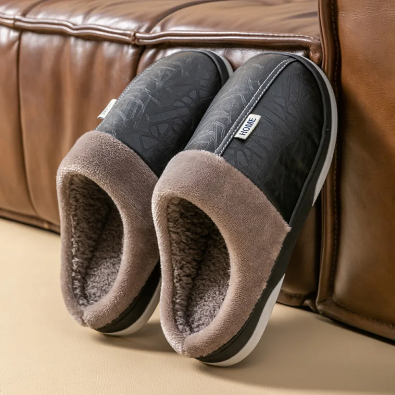 Men's PU Leather Waterproof Slippers Autumn And Winter Indoor Plush Warm Slippers Winter Home Shoes Warm Shoes for Unisex