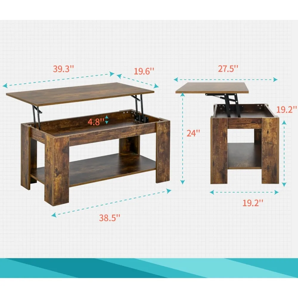 Coffee table, lift-up coffee table with hidden compartments and storage shelves, for home living room reception room office