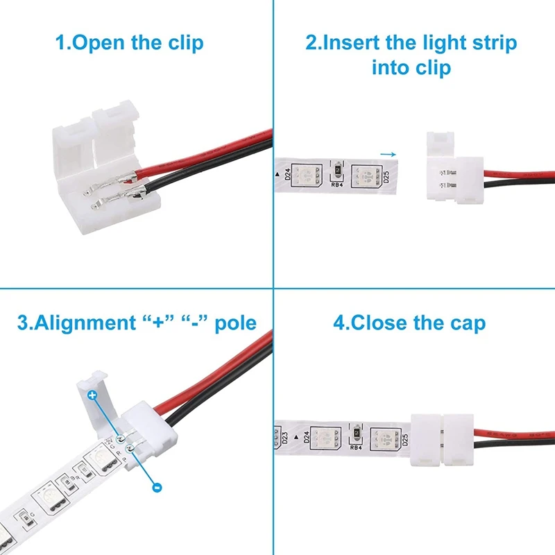 24 pezzi 8mm 2 pin connettore per striscia LED per 8 mm di larghezza flessibile SMD 3528 2835 luci di striscia LED monocolore senza saldatura