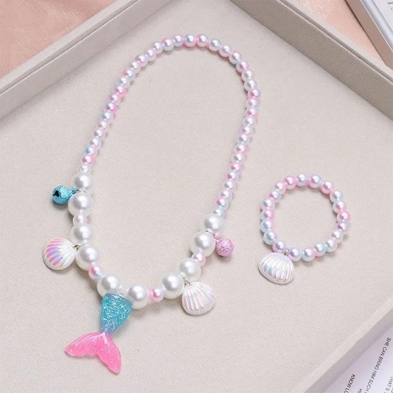 2/5pcs Girls Jewelry Sets Mermaid Pearl Necklace Bracelet Ring Earring Set Kids Toys Children Princess Fashion Accessories