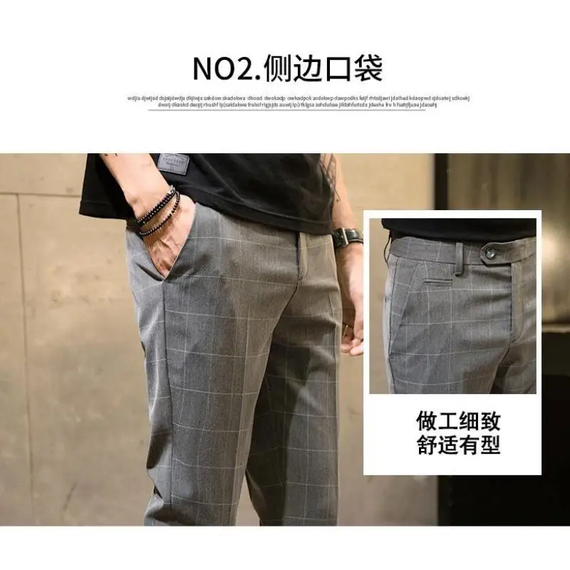 Size 28-34 Men Plaid Ankle-length Pants Casual  Korean Style Straight Slim  Chinos  Trousers No Ironing