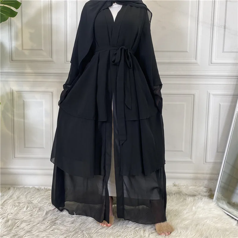 À la mode musulman élégant Abaya islamique polyvalent nouveau trois couches en mousseline de soie Cardigan Robe 1896 Ramadan dubaï luxe Islam élégant
