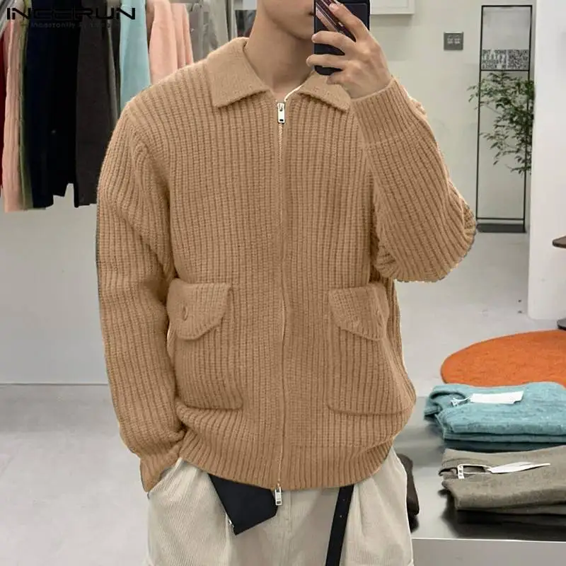 

INCERUN Men Sweaters Solid Color Knitted Lapel Zipper Long Sleeve Pockets Male Cardigan Streetwear Korean Casual Sweater S-5XL