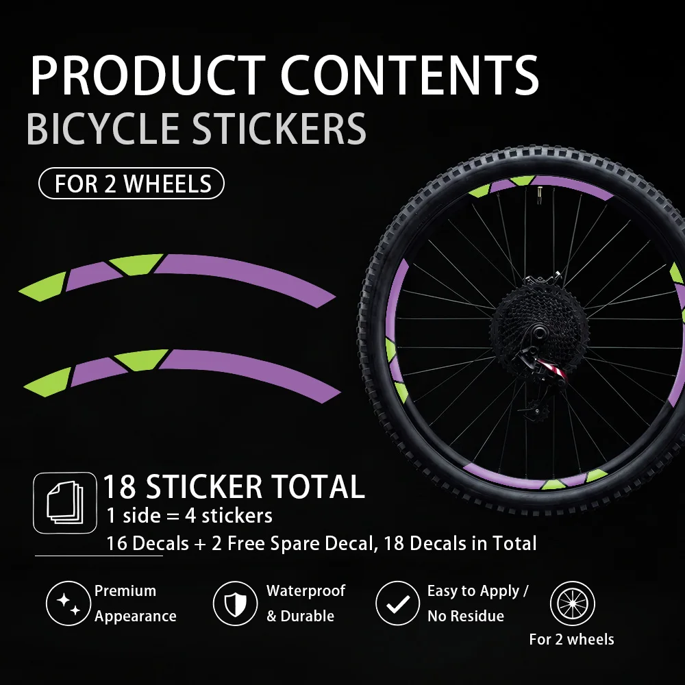 18pcs/set Purple Green Patchwork Pattern Bicycle Rim Stickers Waterproof Vinyl Decal For 2 Wheels MTB Mountain Bike Wheel Decals