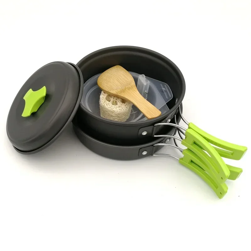 Kit de utensilios de cocina para viajes al aire libre, senderismo, Picnic, barbacoa, Camping, juego de cocina de aluminio, hervidor de agua, olla, vajilla, equipo