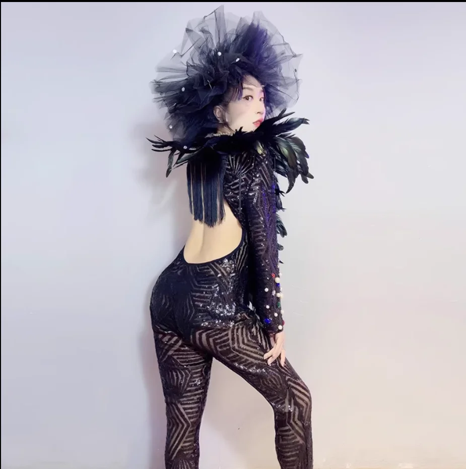 Bar Female Singer Stage Costume Walk Show Long sleeved Black Sequin Tassel Feather Hot Diamond Dance Dress