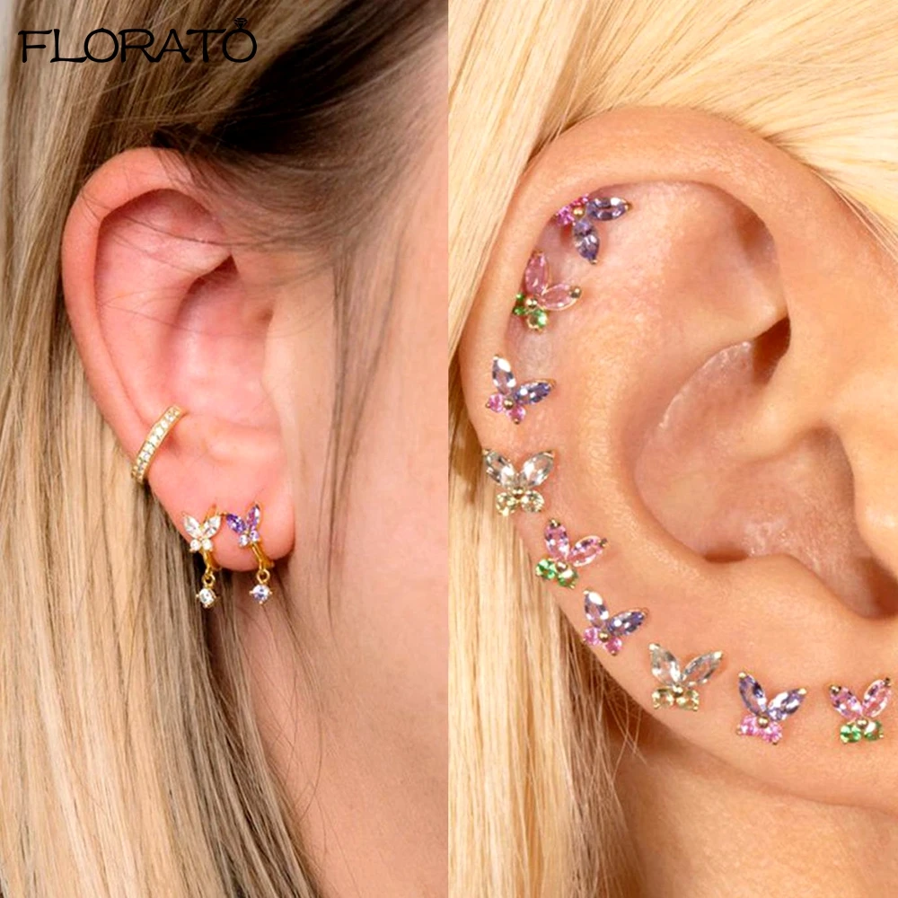 925 Sterling Silver Ear Needle Cute Crystal Butterfly Pendant Hoop Earrings for Women Colorful Flower Earrings Fashion Jewelry