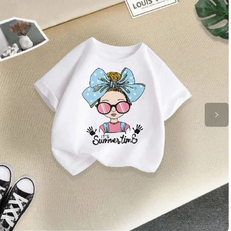 Boys Girls Summertime Bow Sunglasses Girl Print T‑Shirt Short Sleeve O‑Neck Casual Loose Kids Summer Daily Tees Tops