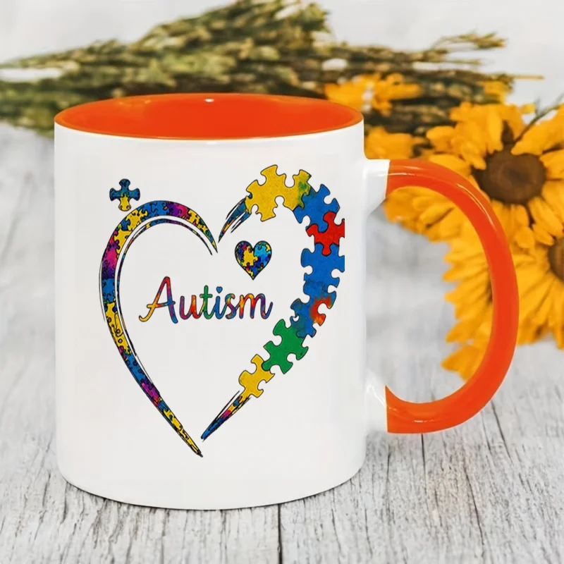 Autism Puzzle Heart Colorful Print Ceramic Coffee Mug 11oz 350ml Personalized Custom Microwave Safe Cute Aesthetic Birthday Gift