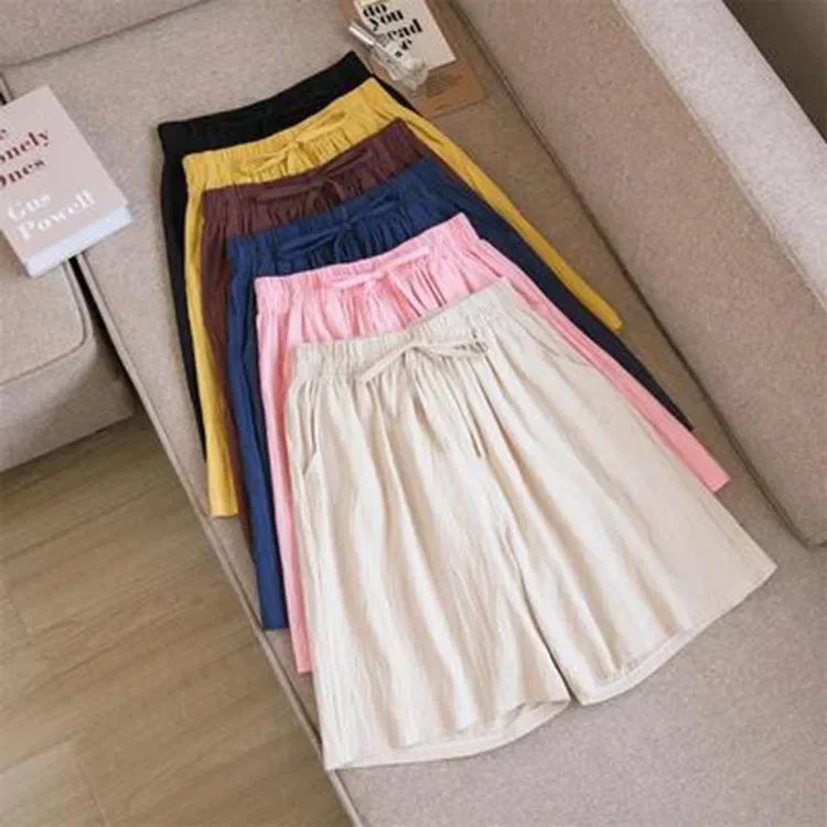 2023 Casual Women Cotton shorts Summer Casual Solid Cotton Linen shorts high waist loose shorts for girls Soft female