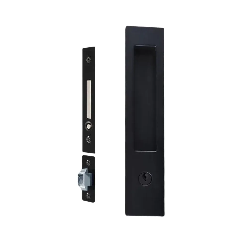 Sliding Pocket Door Lock Kit Matte Black Featuring Flush Mount Pull Plates Edge Pull Component and Hook Latch for DIY Projects