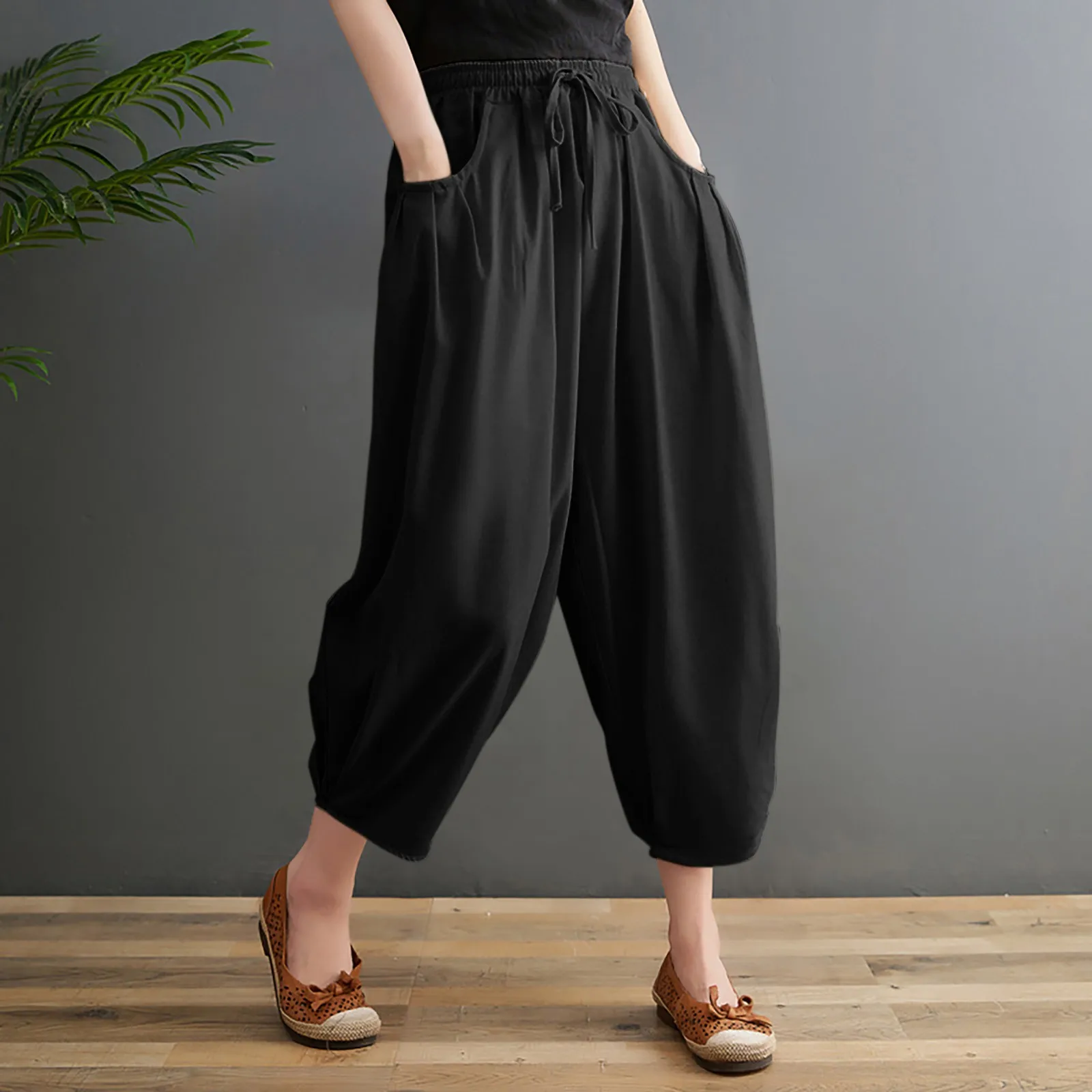 

Casual Baggy Pants Women Vintage Elastic Waist Bloomers Trousers Streetwear Female Sweatpants Loose Straight Leg Cropped pants