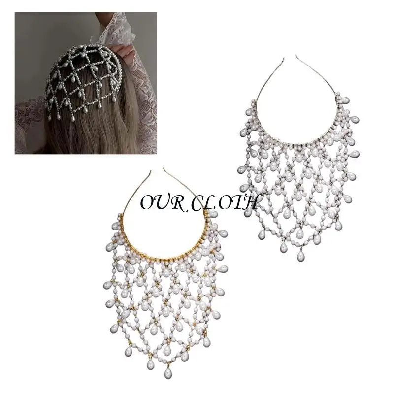 

Luxurious Meshes and Pearls Headbands Stylish Pearls Weave Hat Meshes Bridal Hat Y1AC