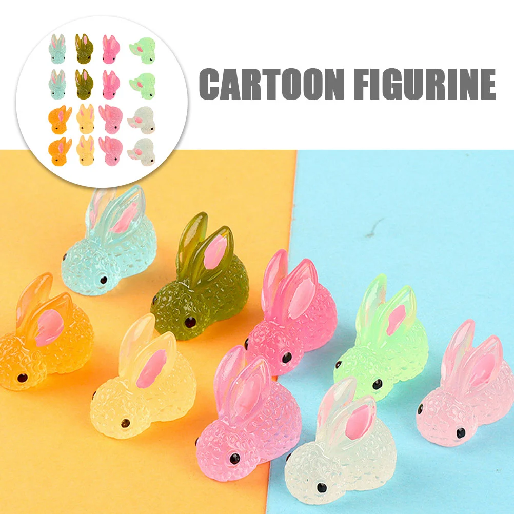 16 Pcs Glow-in-the- Animal Small Bunny Modeling Statues Mini House Ornaments Decor Top Hat Resin Miniature Crafts